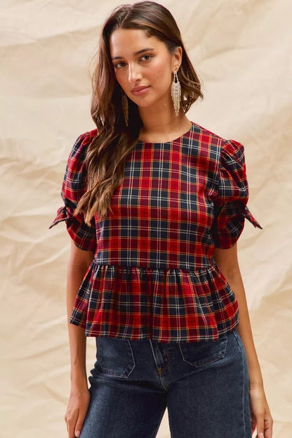 SO ME Christmas Holiday Plaid Ribbon Short Sleeves Top - Bitsy Gypsy Boutique