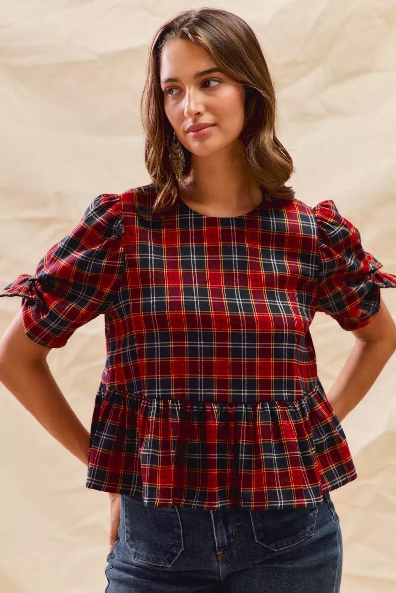 SO ME Christmas Holiday Plaid Ribbon Short Sleeves Top - Bitsy Gypsy Boutique