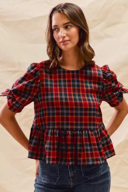 SO ME Christmas Holiday Plaid Ribbon Short Sleeves Top - Bitsy Gypsy Boutique