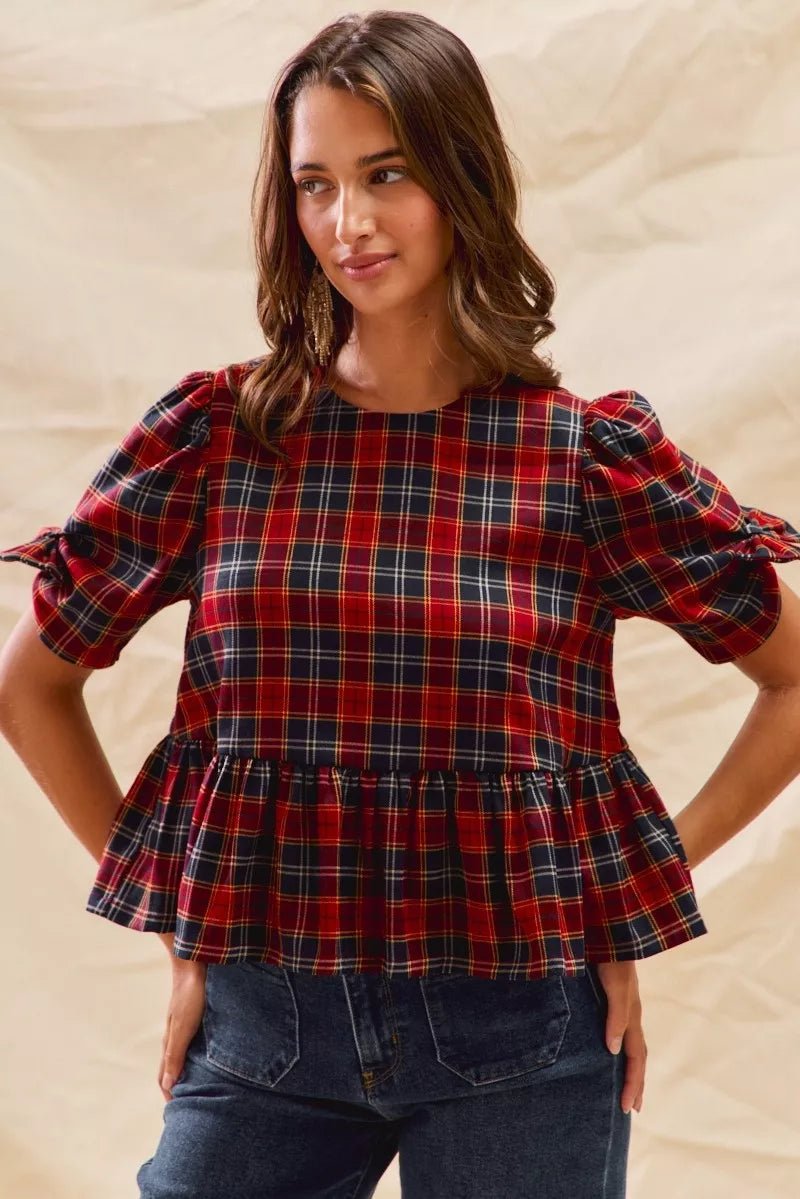 SO ME Christmas Holiday Plaid Ribbon Short Sleeves Top - Bitsy Gypsy Boutique