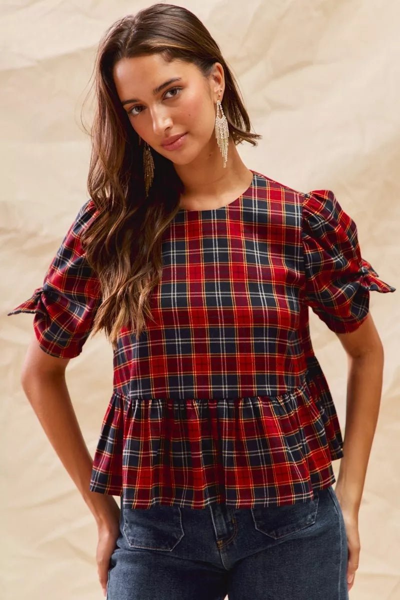 SO ME Christmas Holiday Plaid Ribbon Short Sleeves Top - Bitsy Gypsy Boutique