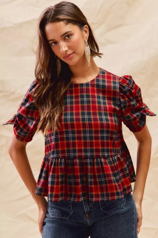 SO ME Christmas Holiday Plaid Ribbon Short Sleeves Top - Bitsy Gypsy Boutique