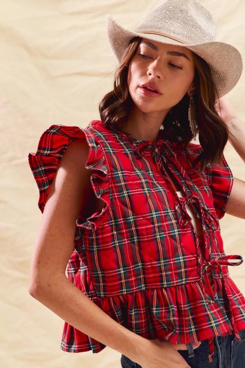 SO ME Christmas Holiday Plaid Ruffled Quilt Vest Top - Bitsy Gypsy Boutique