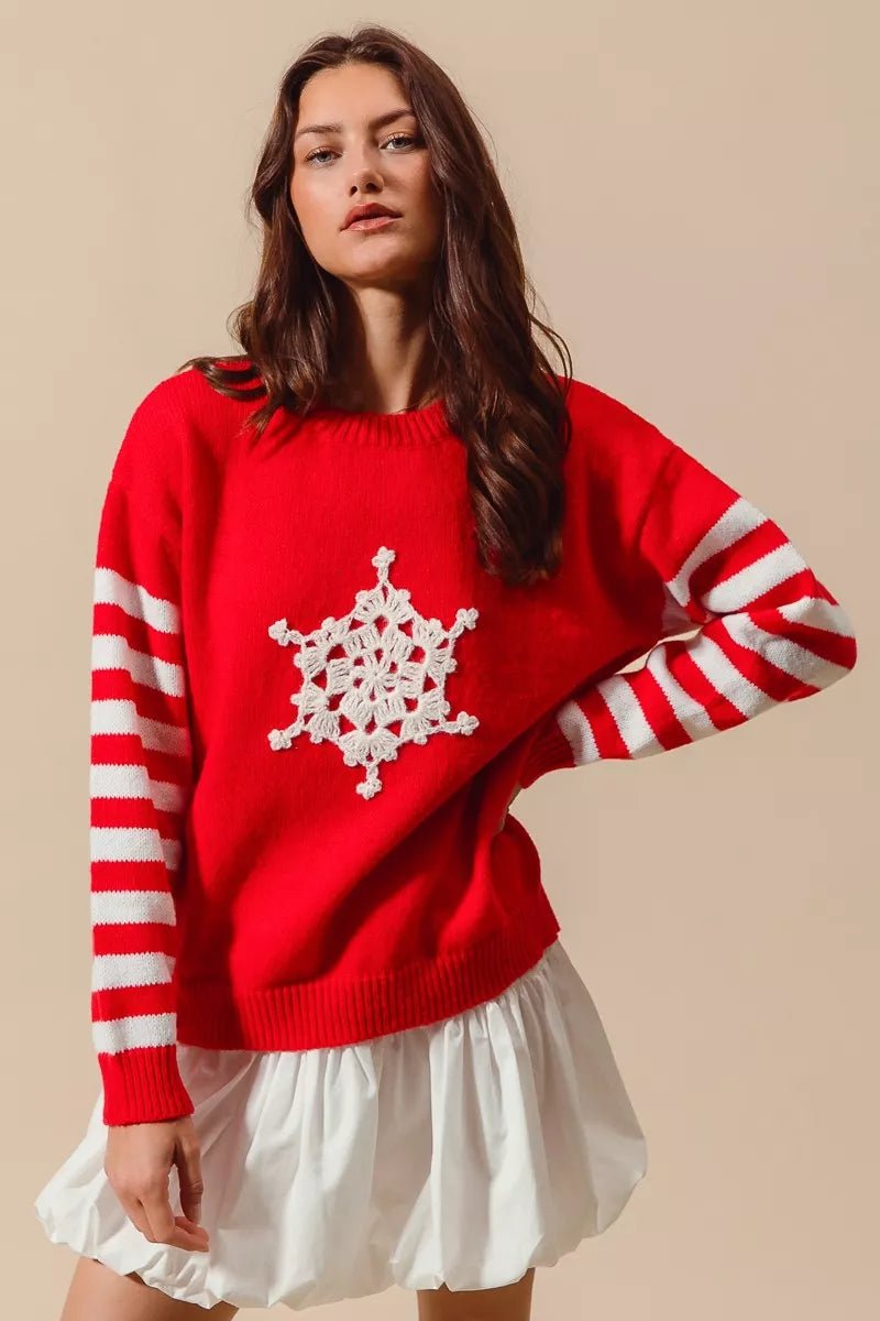 SO ME Christmas Snowflake Crochet Embellished Sweater - Bitsy Gypsy Boutique