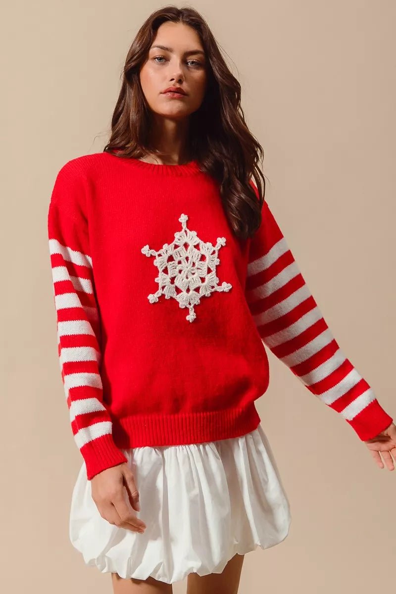 SO ME Christmas Snowflake Crochet Embellished Sweater - Bitsy Gypsy Boutique