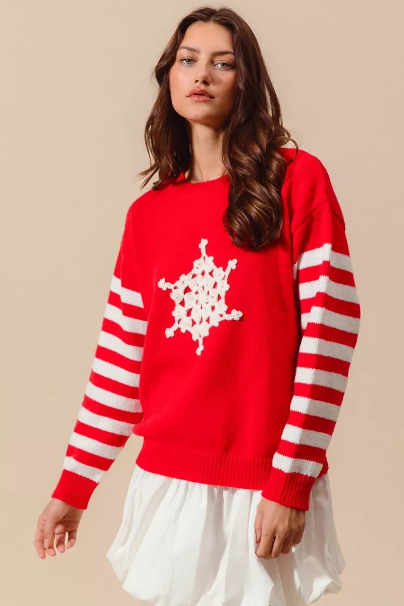 SO ME Christmas Snowflake Crochet Embellished Sweater - Bitsy Gypsy Boutique