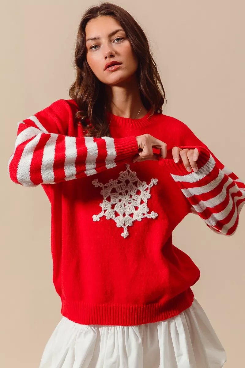 SO ME Christmas Snowflake Crochet Embellished Sweater - Bitsy Gypsy Boutique
