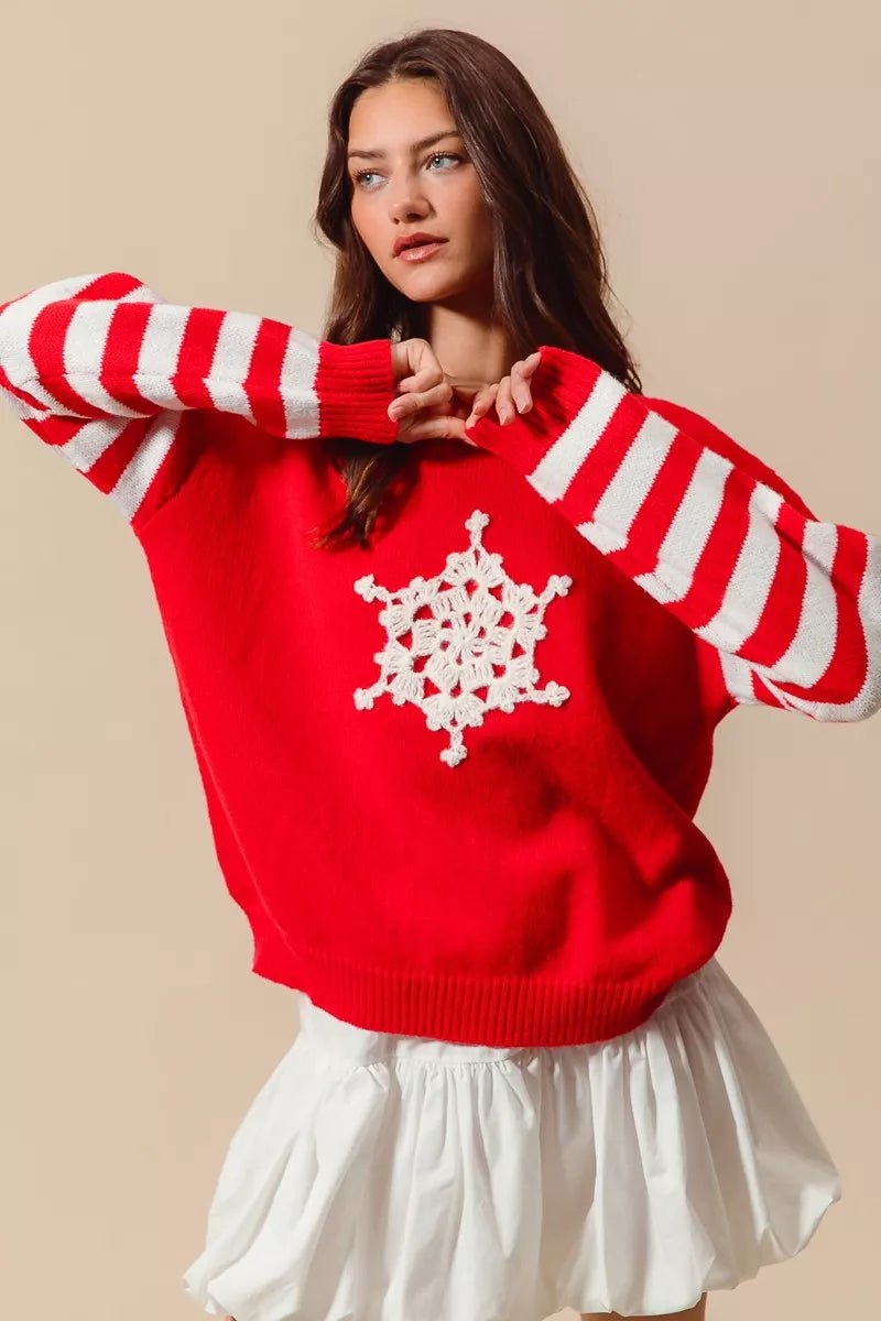 SO ME Christmas Snowflake Crochet Embellished Sweater - Bitsy Gypsy Boutique
