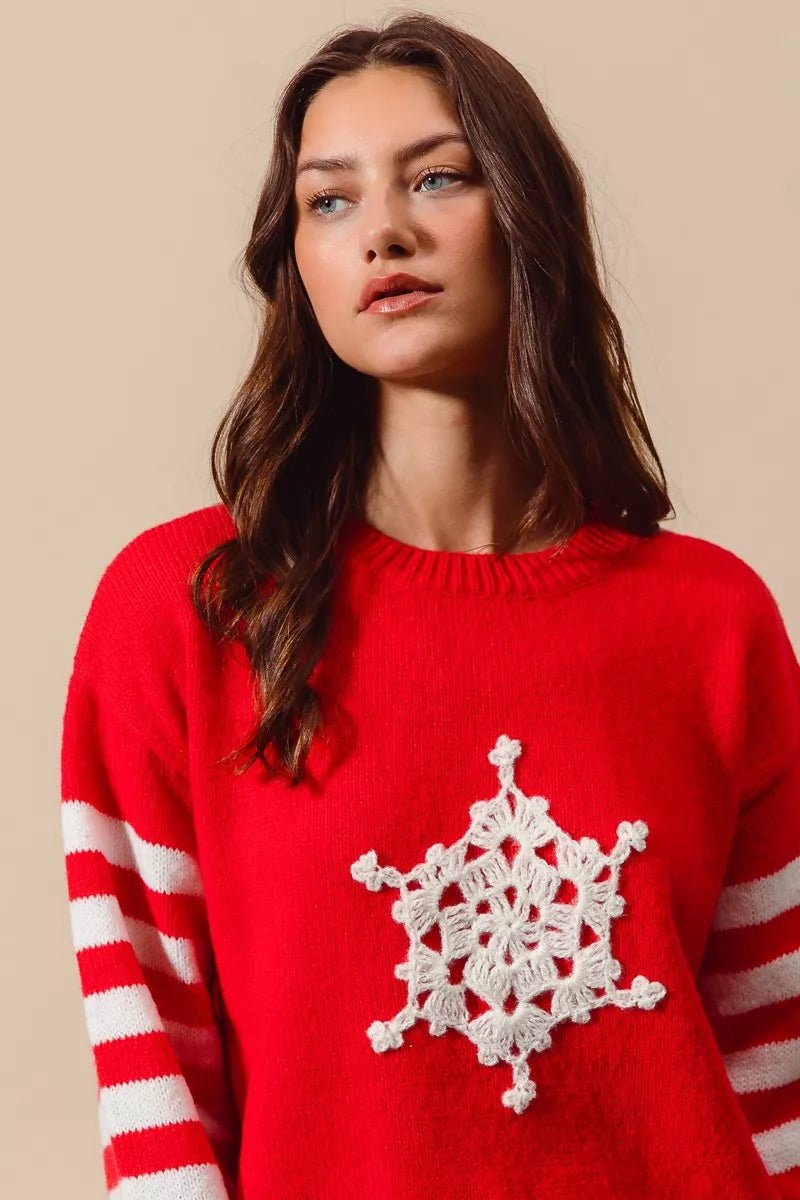 SO ME Christmas Snowflake Crochet Embellished Sweater - Bitsy Gypsy Boutique