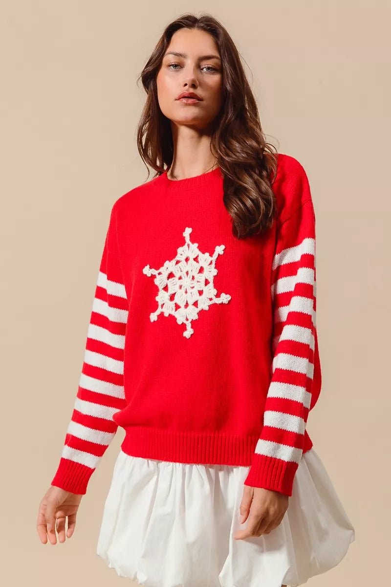 SO ME Christmas Snowflake Crochet Embellished Sweater - Bitsy Gypsy Boutique