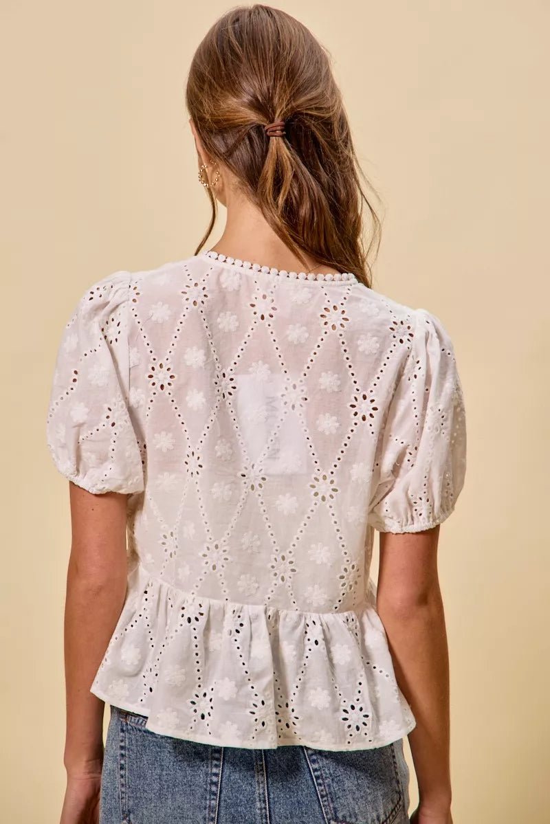 SO ME Cotton Eyelet Front Tie Short Sleeves Blouse - Bitsy Gypsy Boutique