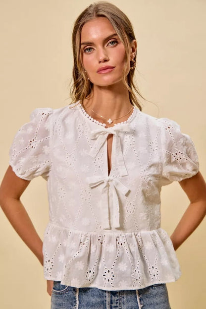 SO ME Cotton Eyelet Front Tie Short Sleeves Blouse - Bitsy Gypsy Boutique
