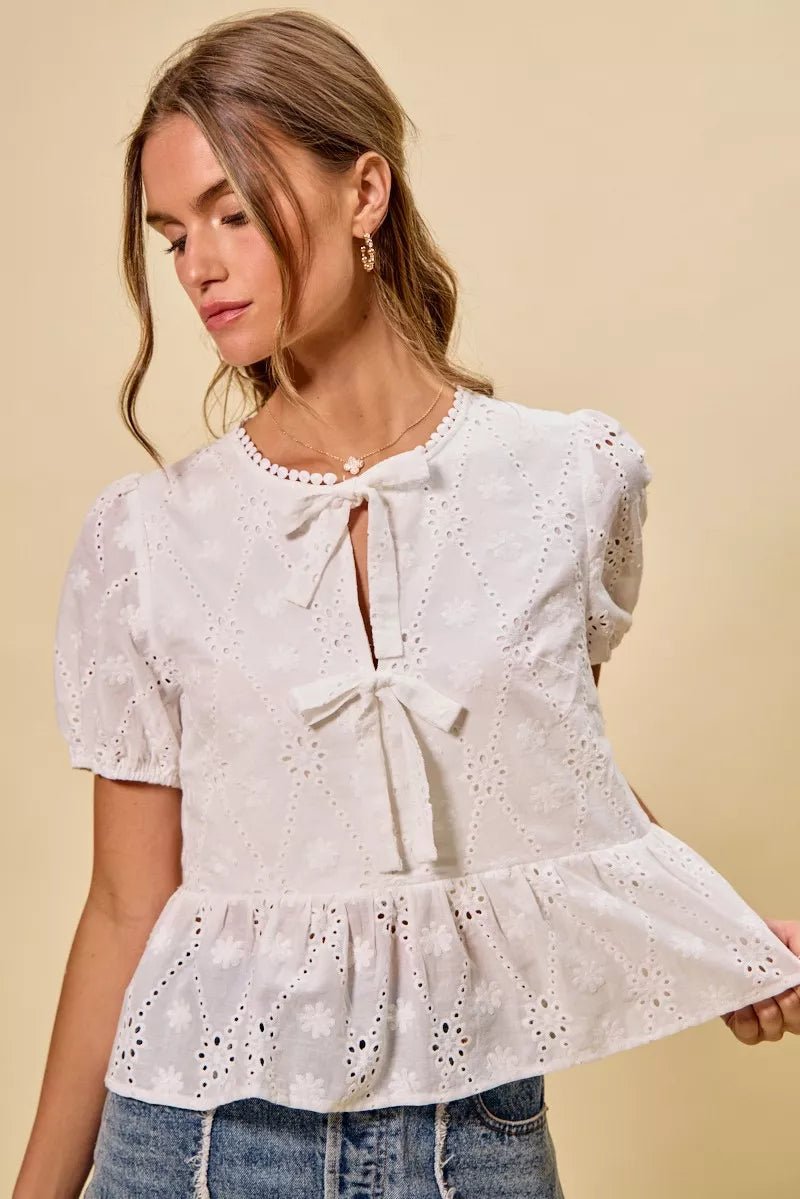 SO ME Cotton Eyelet Front Tie Short Sleeves Blouse - Bitsy Gypsy Boutique