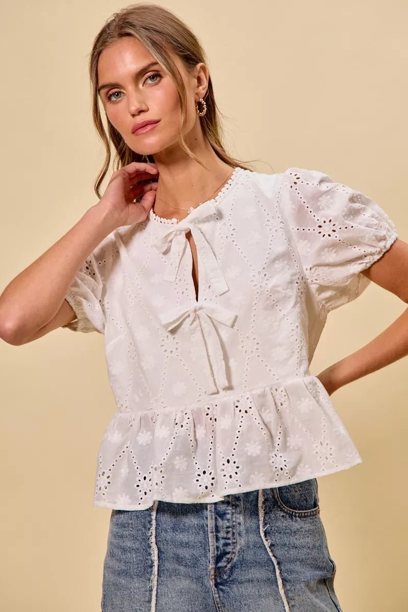 SO ME Cotton Eyelet Front Tie Short Sleeves Blouse - Bitsy Gypsy Boutique