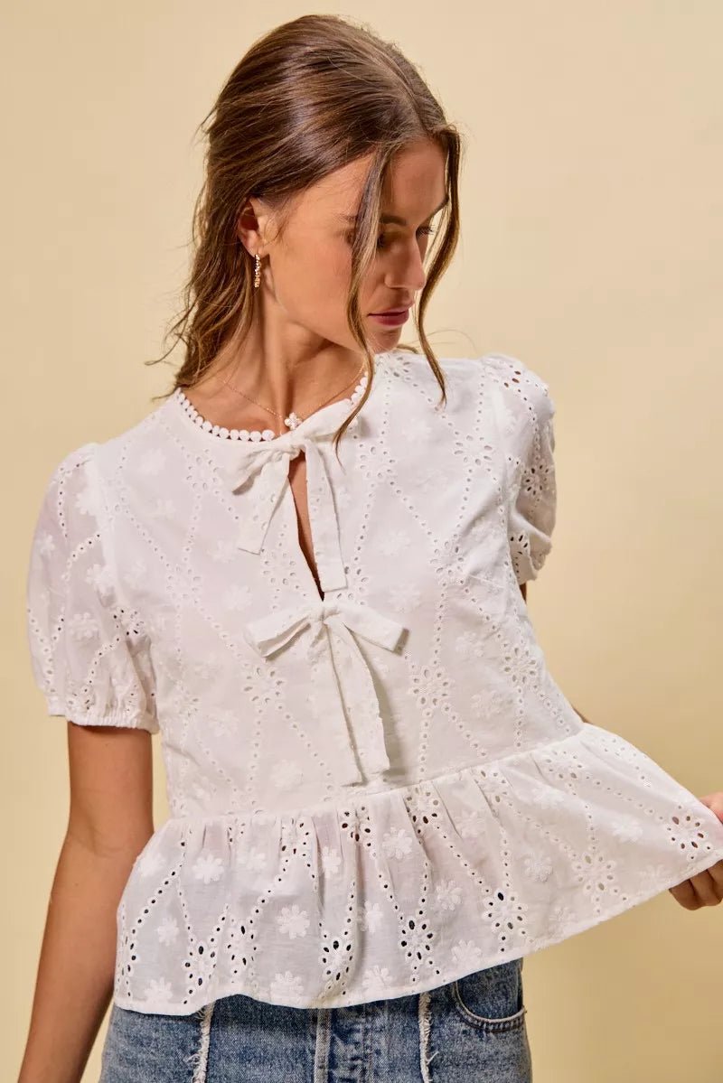 SO ME Cotton Eyelet Front Tie Short Sleeves Blouse - Bitsy Gypsy Boutique