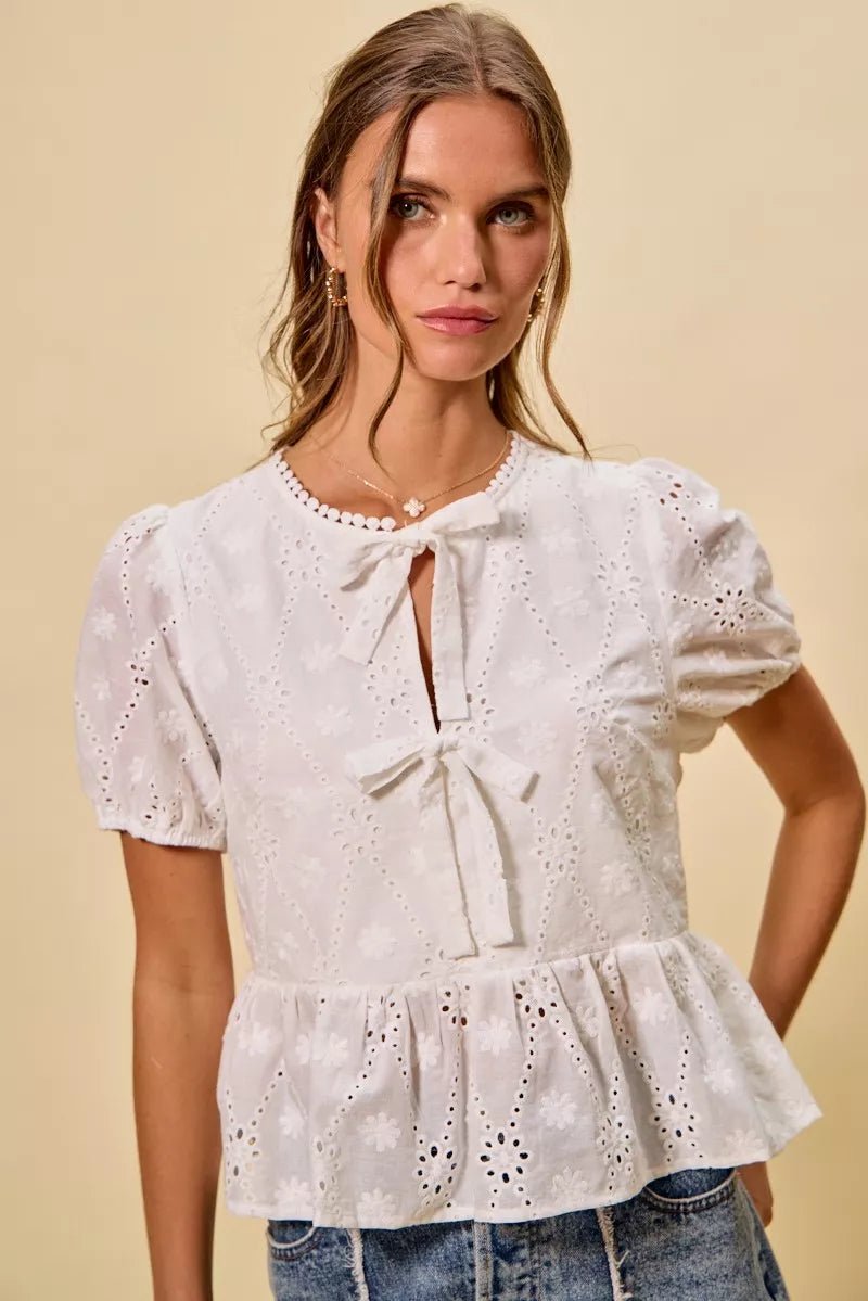 SO ME Cotton Eyelet Front Tie Short Sleeves Blouse - Bitsy Gypsy Boutique