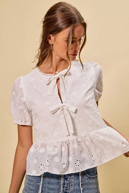 SO ME Cotton Eyelet Front Tie Short Sleeves Blouse - Bitsy Gypsy Boutique