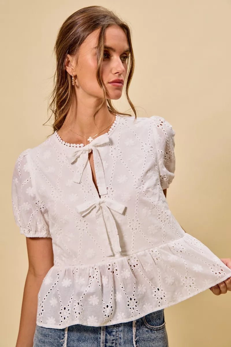SO ME Cotton Eyelet Front Tie Short Sleeves Blouse - Bitsy Gypsy Boutique