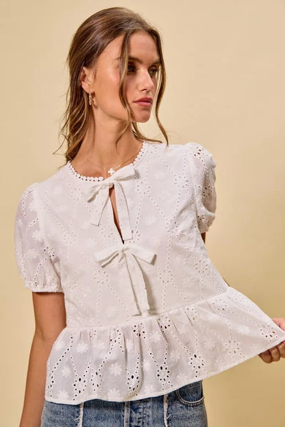 SO ME Cotton Eyelet Front Tie Short Sleeves Blouse - Bitsy Gypsy Boutique
