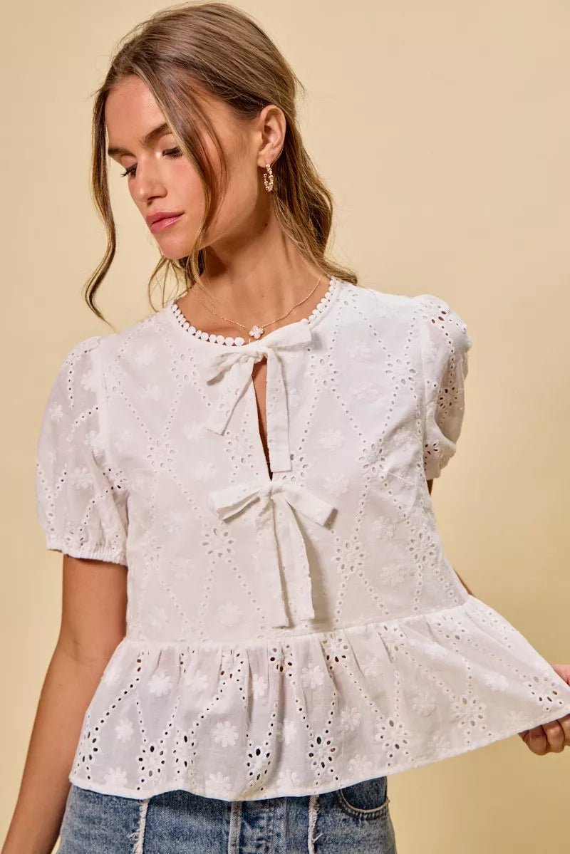 SO ME Cotton Eyelet Front Tie Short Sleeves Blouse - Bitsy Gypsy Boutique