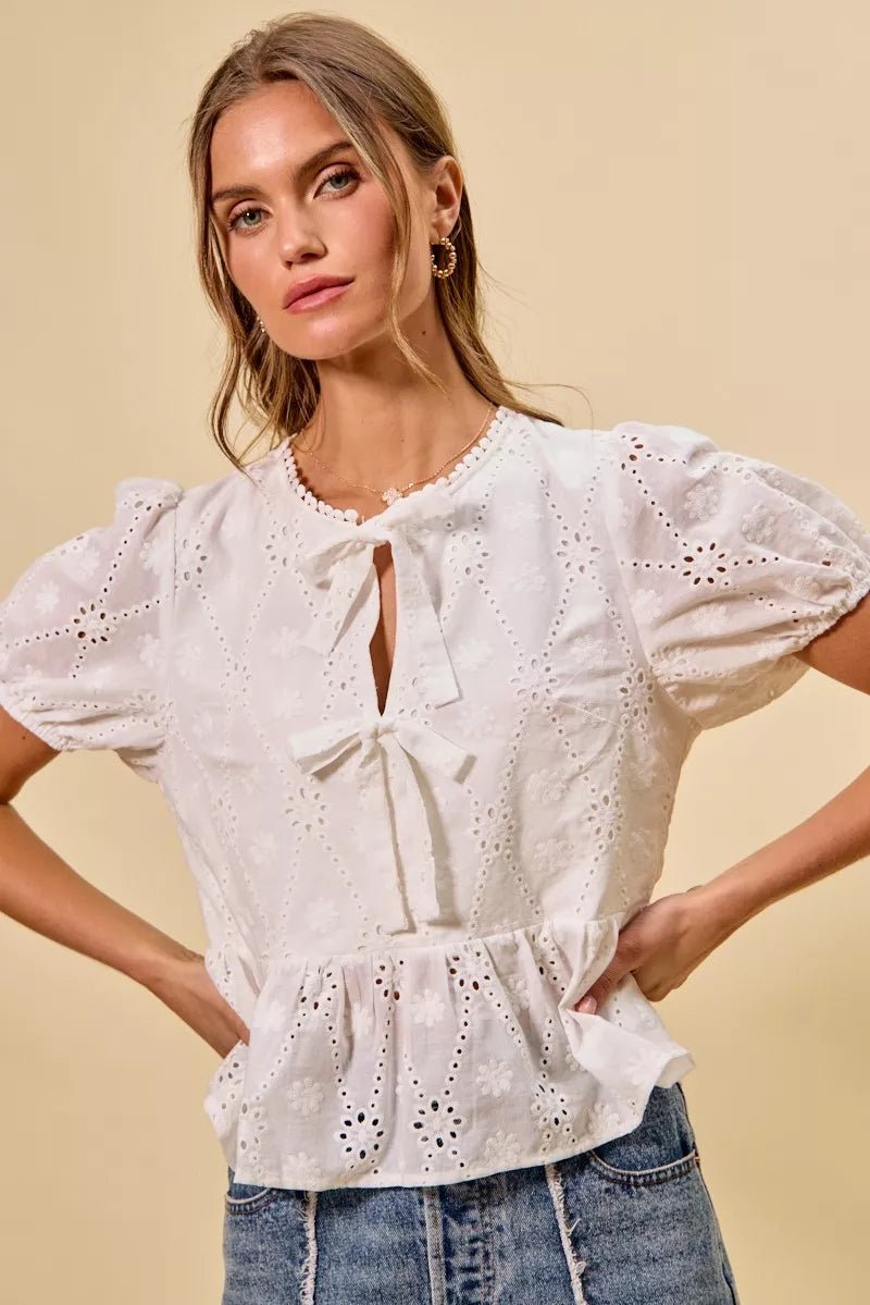 SO ME Cotton Eyelet Front Tie Short Sleeves Blouse - Bitsy Gypsy Boutique