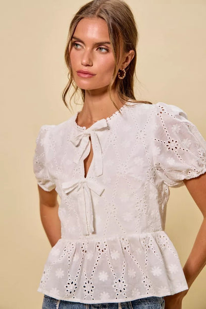 SO ME Cotton Eyelet Front Tie Short Sleeves Blouse - Bitsy Gypsy Boutique
