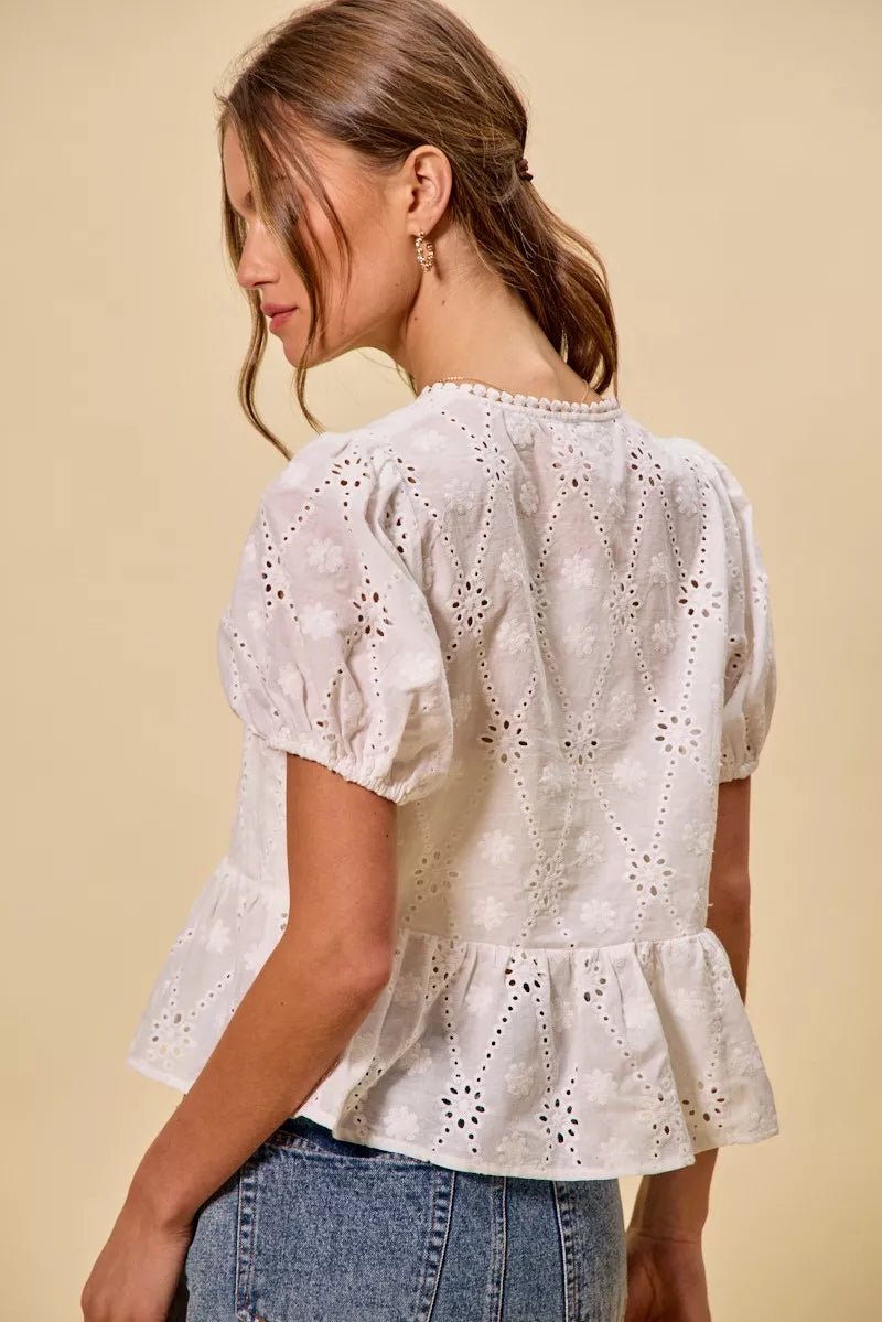 SO ME Cotton Eyelet Front Tie Short Sleeves Blouse - Bitsy Gypsy Boutique