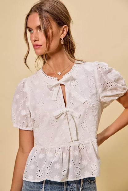 SO ME Cotton Eyelet Front Tie Short Sleeves Blouse - Bitsy Gypsy Boutique