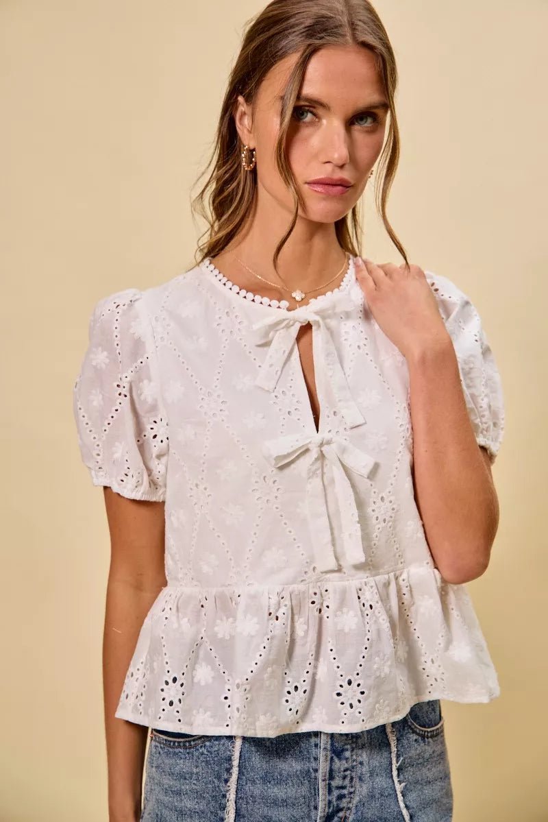 SO ME Cotton Eyelet Front Tie Short Sleeves Blouse - Bitsy Gypsy Boutique