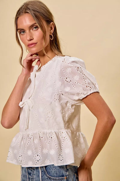 SO ME Cotton Eyelet Front Tie Short Sleeves Blouse - Bitsy Gypsy Boutique