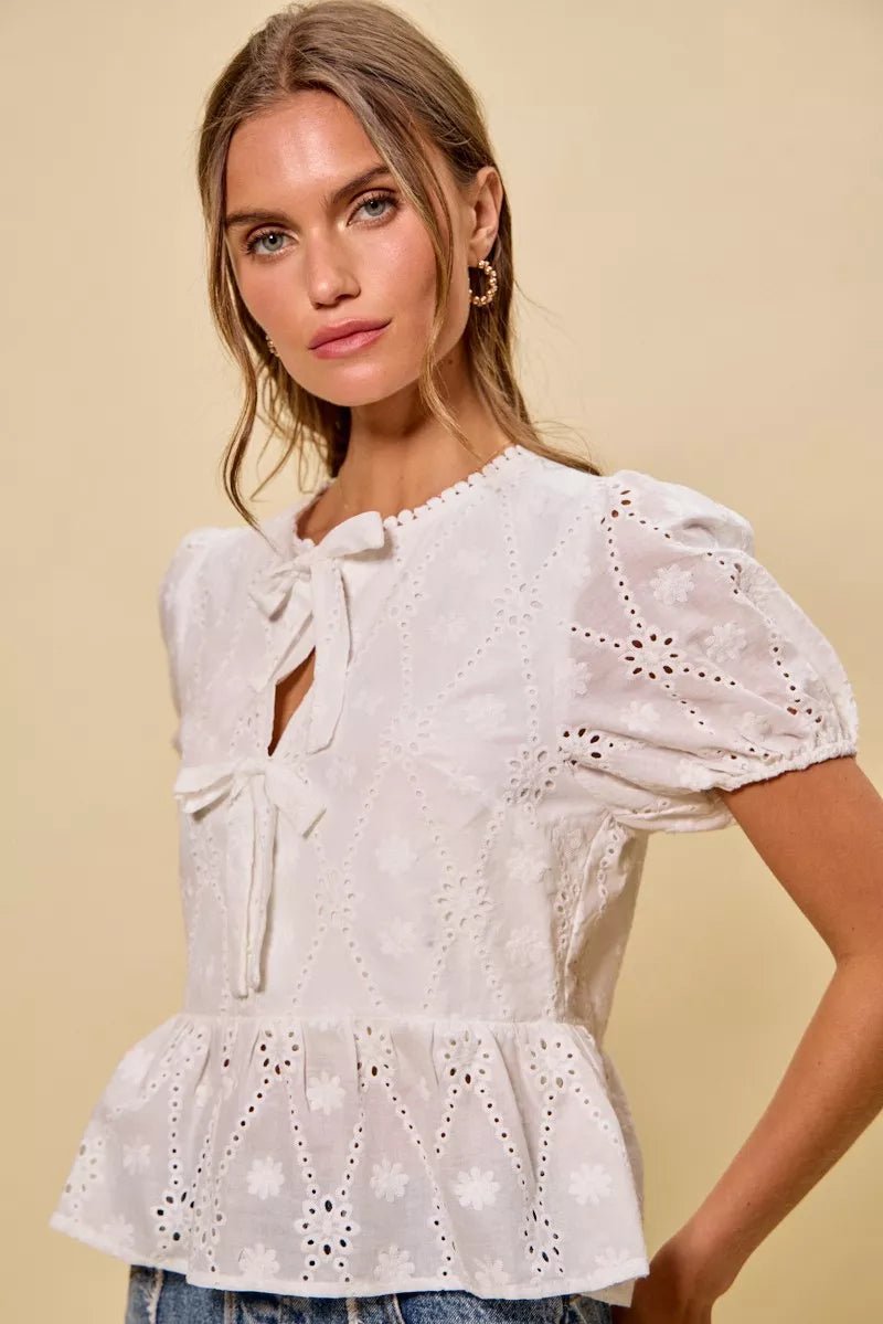 SO ME Cotton Eyelet Front Tie Short Sleeves Blouse - Bitsy Gypsy Boutique