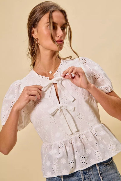 SO ME Cotton Eyelet Front Tie Short Sleeves Blouse - Bitsy Gypsy Boutique