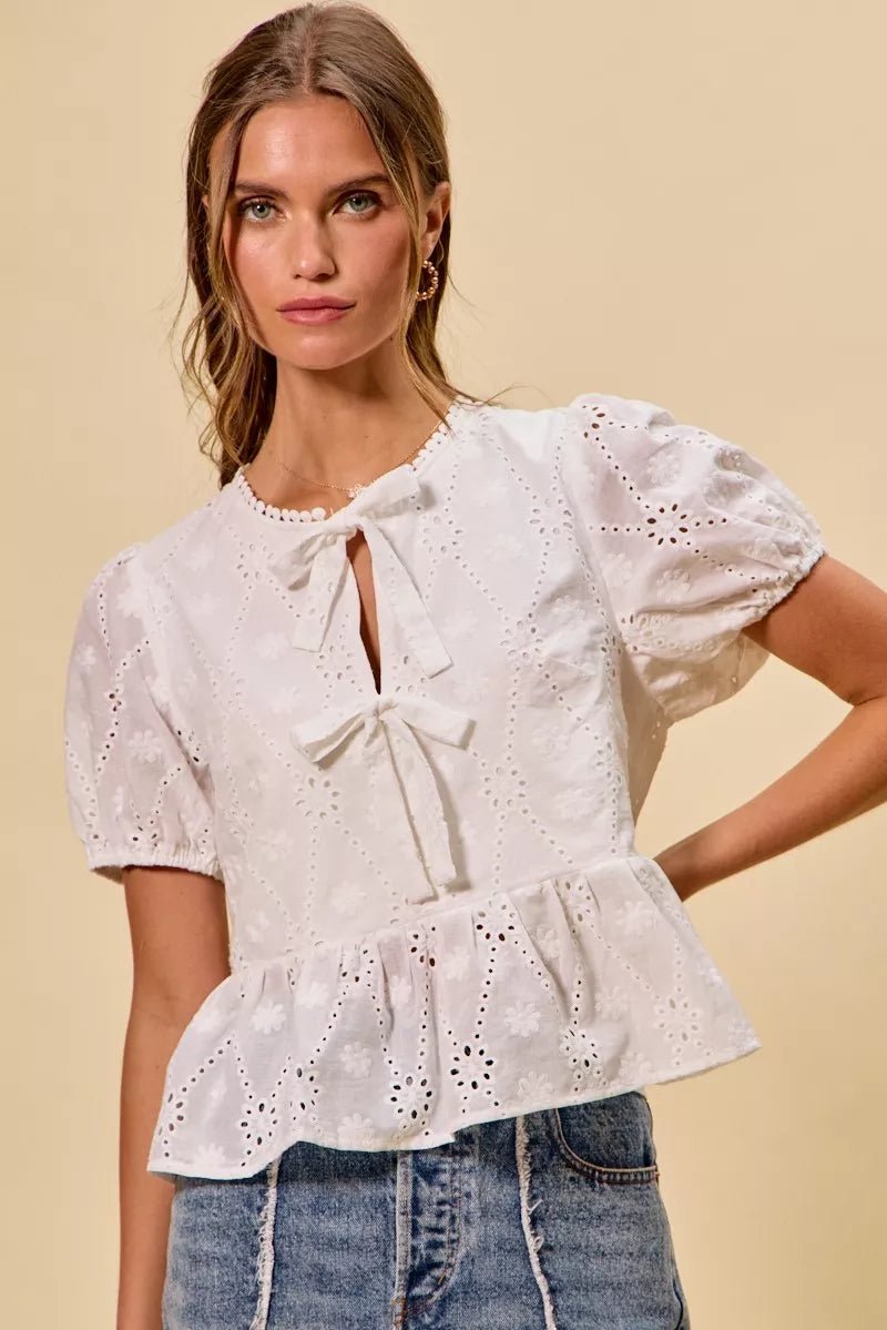 SO ME Cotton Eyelet Front Tie Short Sleeves Blouse - Bitsy Gypsy Boutique