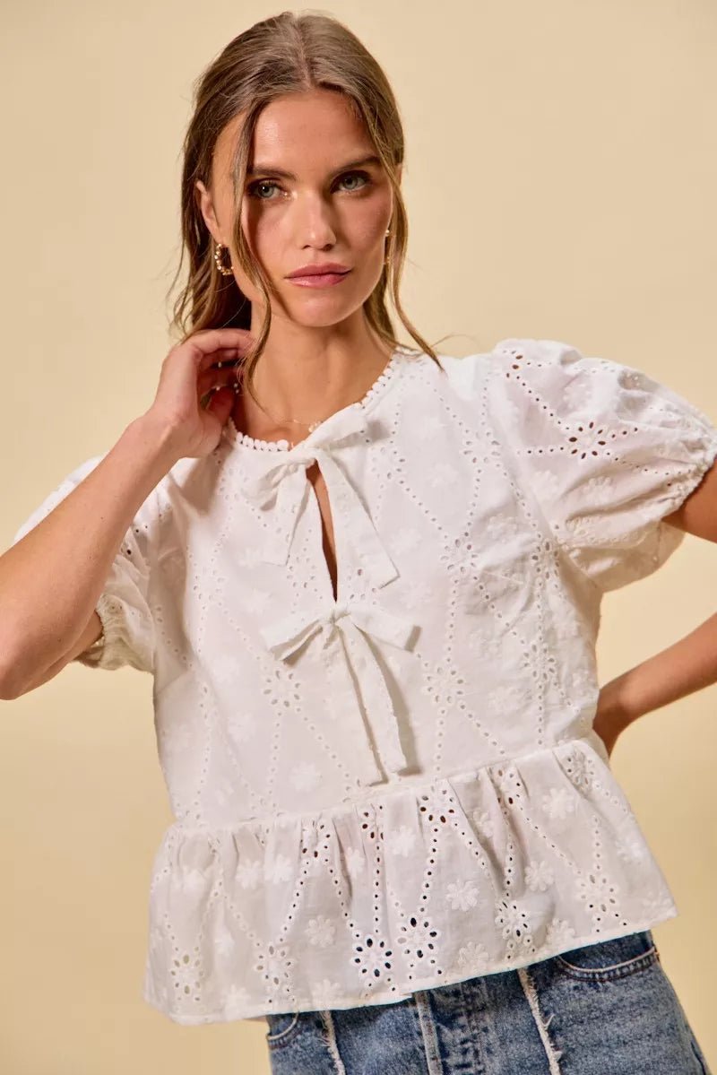 SO ME Cotton Eyelet Front Tie Short Sleeves Blouse - Bitsy Gypsy Boutique
