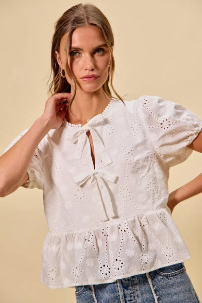 SO ME Cotton Eyelet Front Tie Short Sleeves Blouse - Bitsy Gypsy Boutique