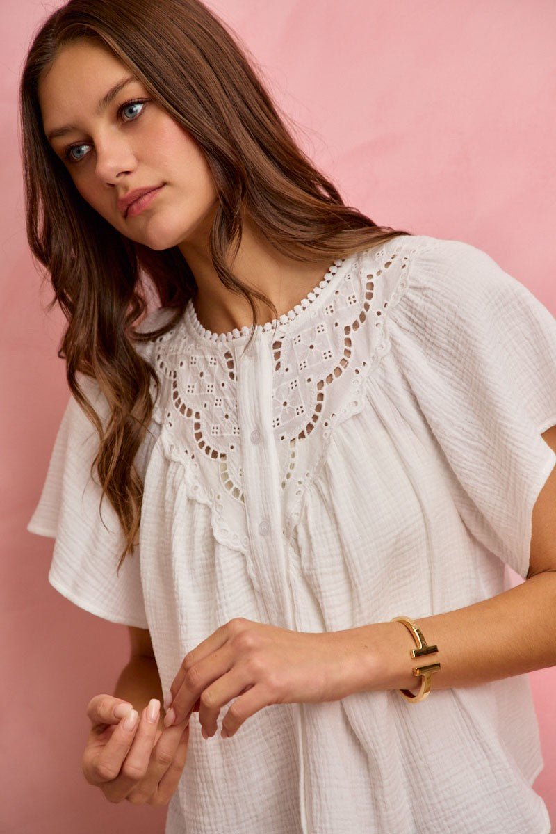 SO ME Cotton Gauze Lace Trim Flutter Sleeves Blouse Top - Bitsy Gypsy Boutique