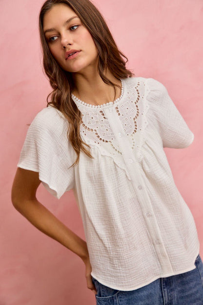 SO ME Cotton Gauze Lace Trim Flutter Sleeves Blouse Top - Bitsy Gypsy Boutique