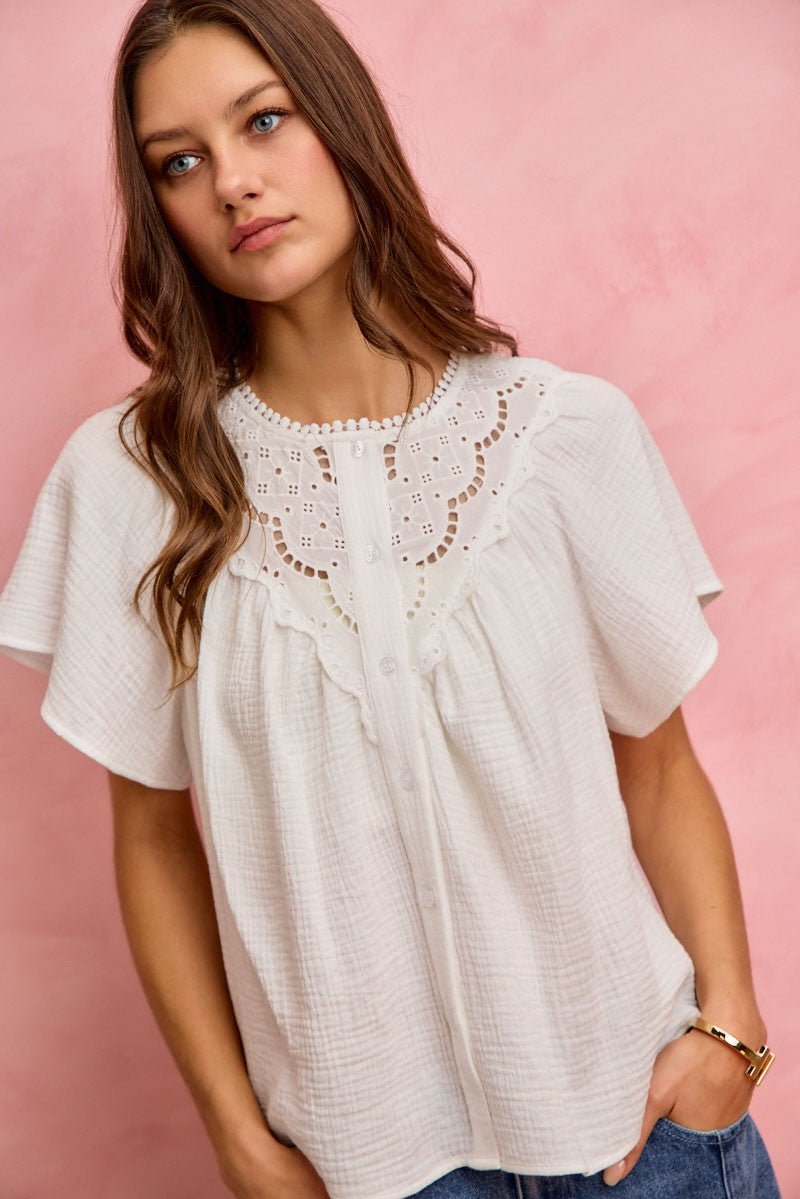 SO ME Cotton Gauze Lace Trim Flutter Sleeves Blouse Top - Bitsy Gypsy Boutique