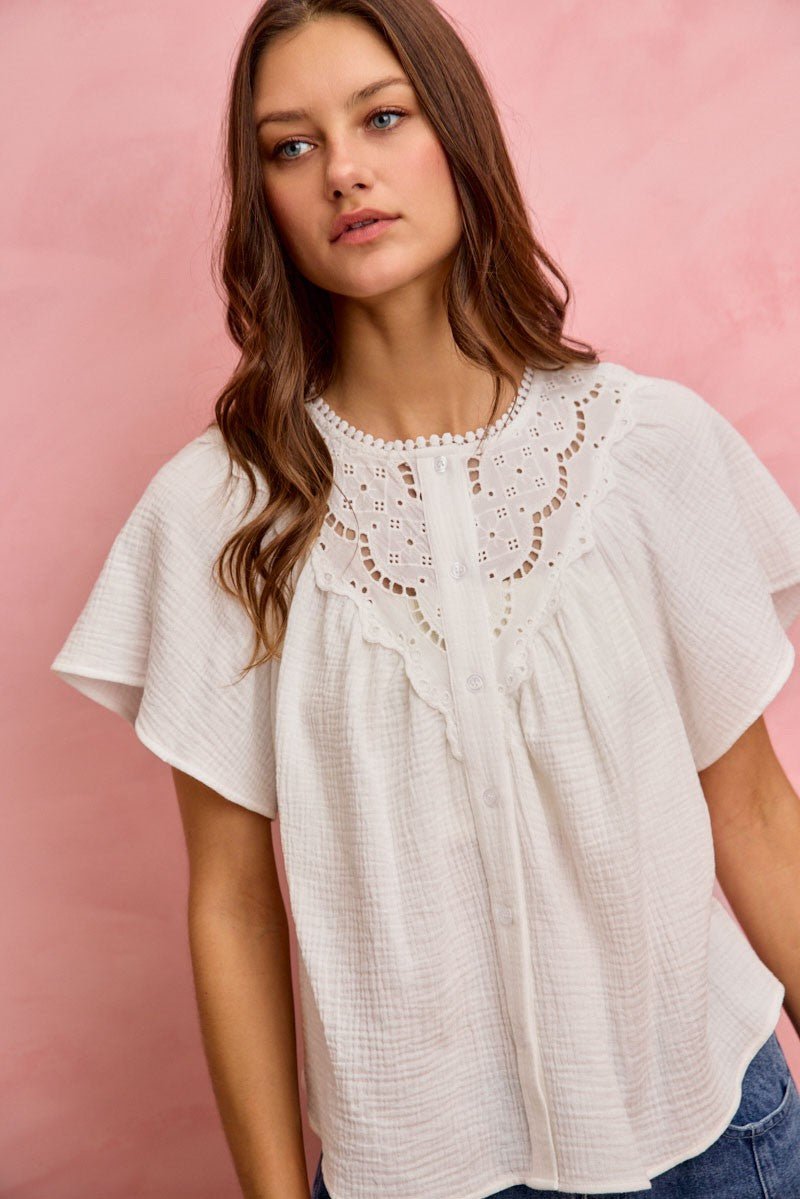 SO ME Cotton Gauze Lace Trim Flutter Sleeves Blouse Top - Bitsy Gypsy Boutique