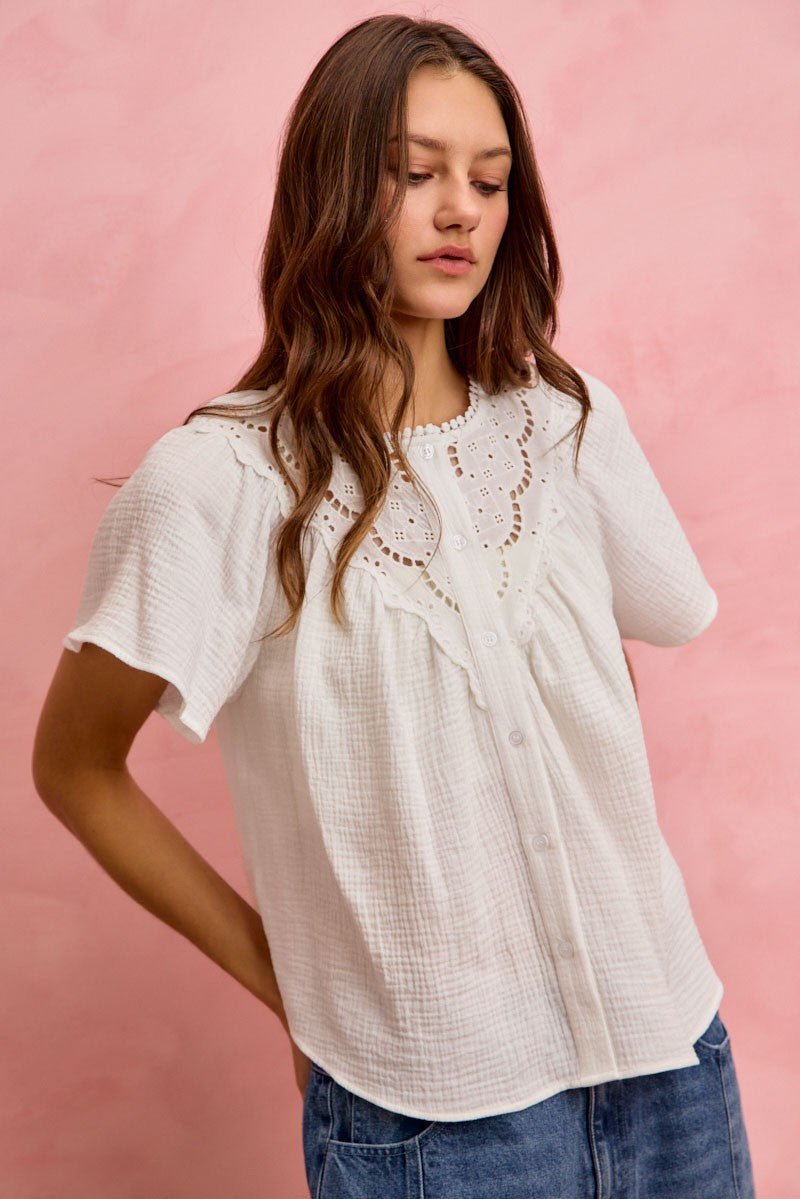 SO ME Cotton Gauze Lace Trim Flutter Sleeves Blouse Top - Bitsy Gypsy Boutique