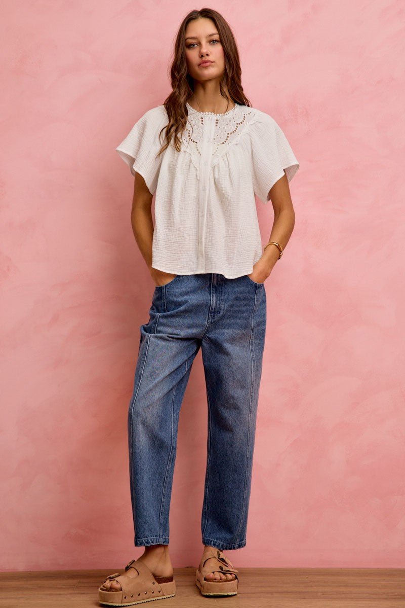 SO ME Cotton Gauze Lace Trim Flutter Sleeves Blouse Top - Bitsy Gypsy Boutique