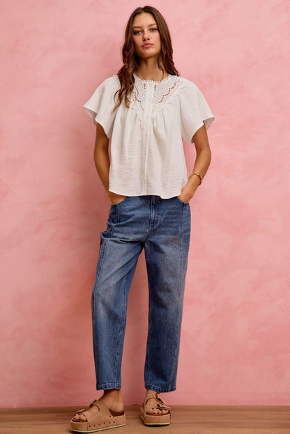 SO ME Cotton Gauze Lace Trim Flutter Sleeves Blouse Top - Bitsy Gypsy Boutique