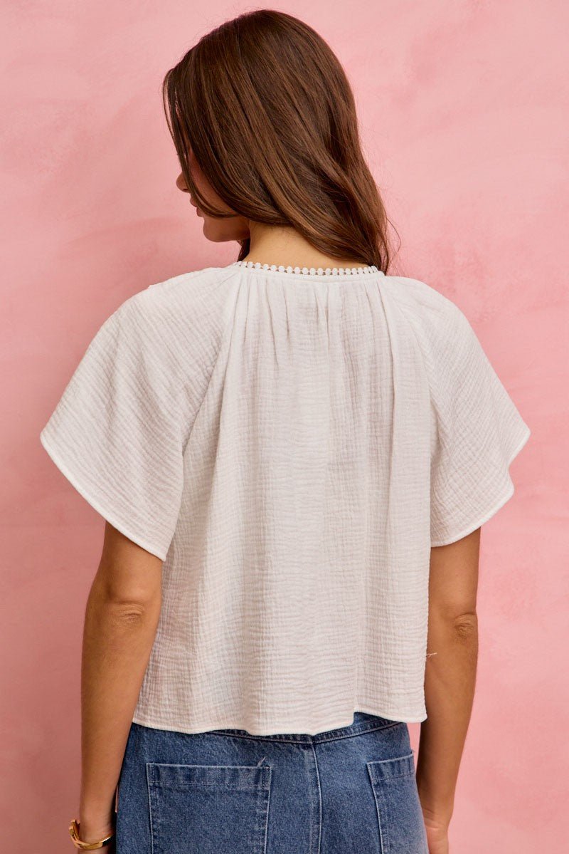 SO ME Cotton Gauze Lace Trim Flutter Sleeves Blouse Top - Bitsy Gypsy Boutique