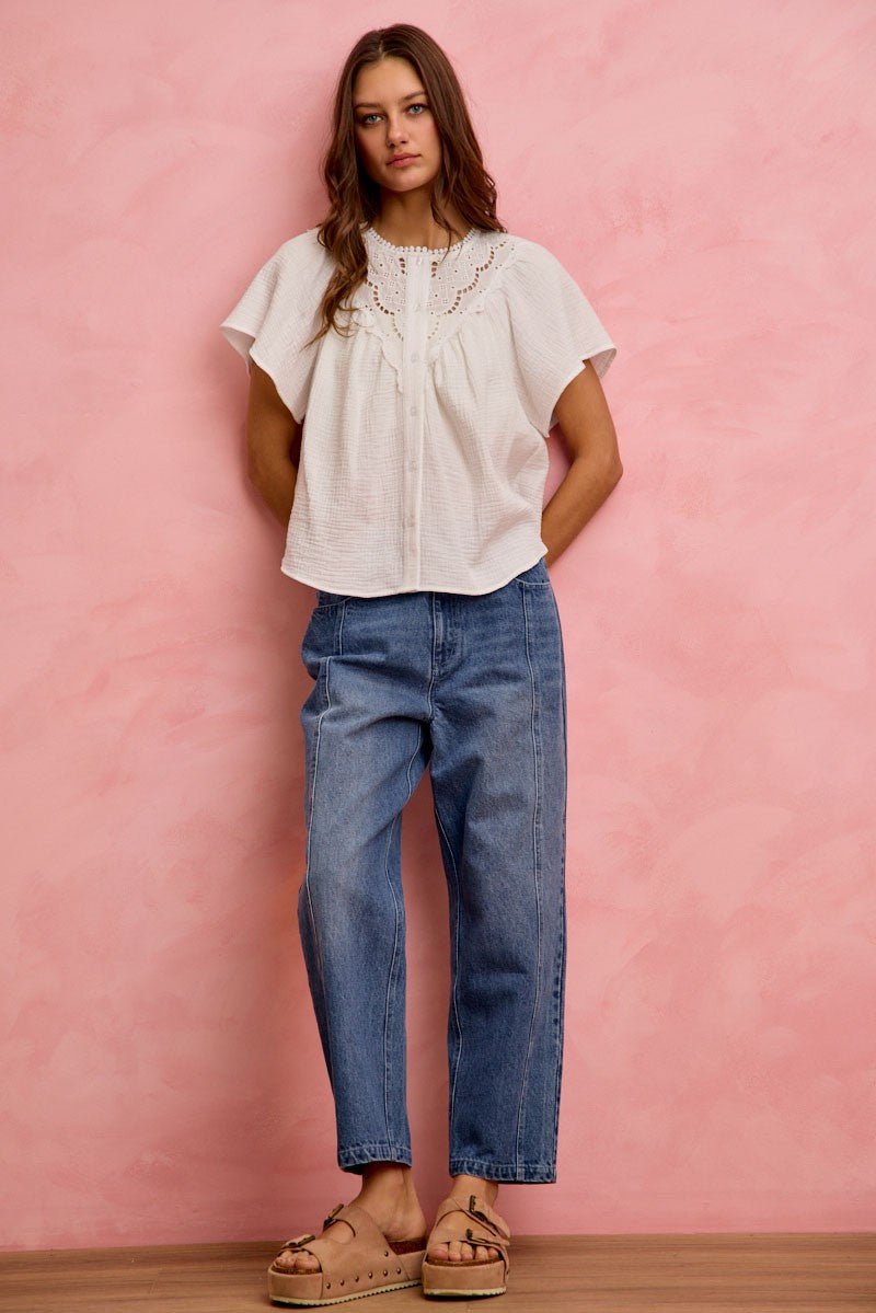 SO ME Cotton Gauze Lace Trim Flutter Sleeves Blouse Top - Bitsy Gypsy Boutique