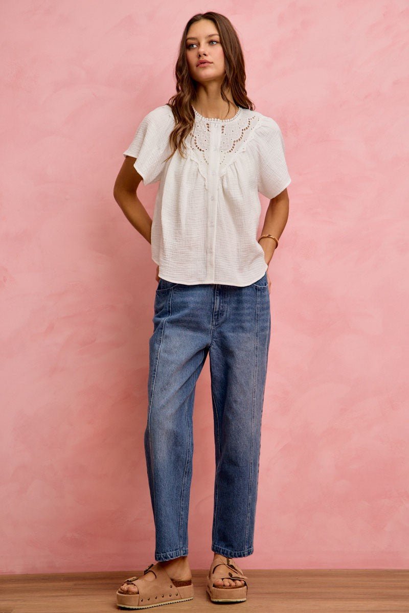 SO ME Cotton Gauze Lace Trim Flutter Sleeves Blouse Top - Bitsy Gypsy Boutique