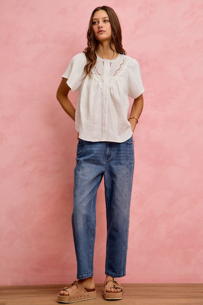 SO ME Cotton Gauze Lace Trim Flutter Sleeves Blouse Top - Bitsy Gypsy Boutique