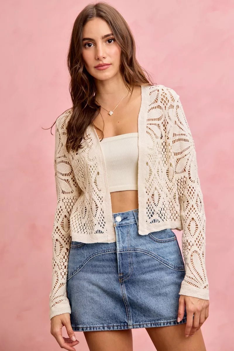 SO ME Crochet Knit Long Sleeves Cardigan Sweater - Bitsy Gypsy Boutique
