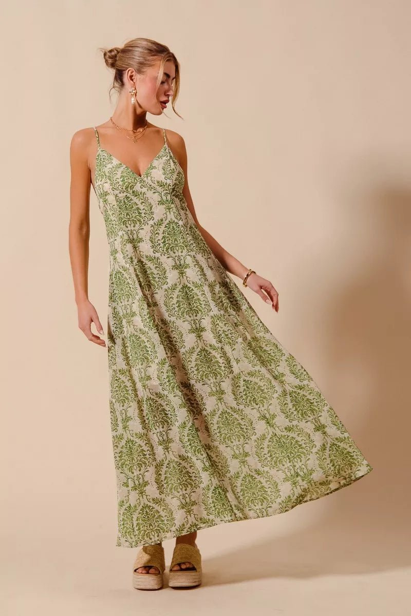 SO ME Damask Floral Summer Maxi Flowy Dress With Open Back - Bitsy Gypsy Boutique
