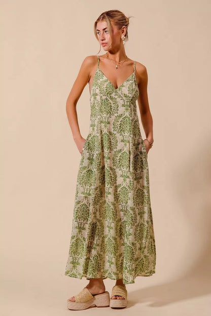 SO ME Damask Floral Summer Maxi Flowy Dress With Open Back - Bitsy Gypsy Boutique