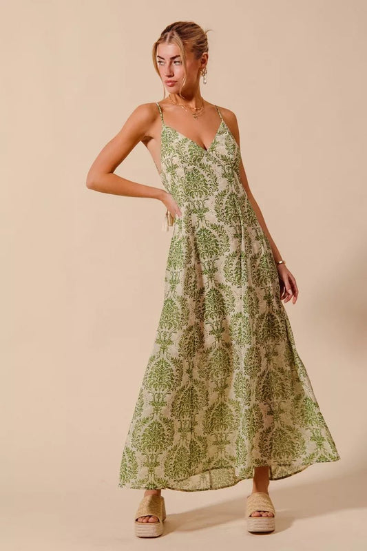 SO ME Damask Floral Summer Maxi Flowy Dress With Open Back - Bitsy Gypsy Boutique